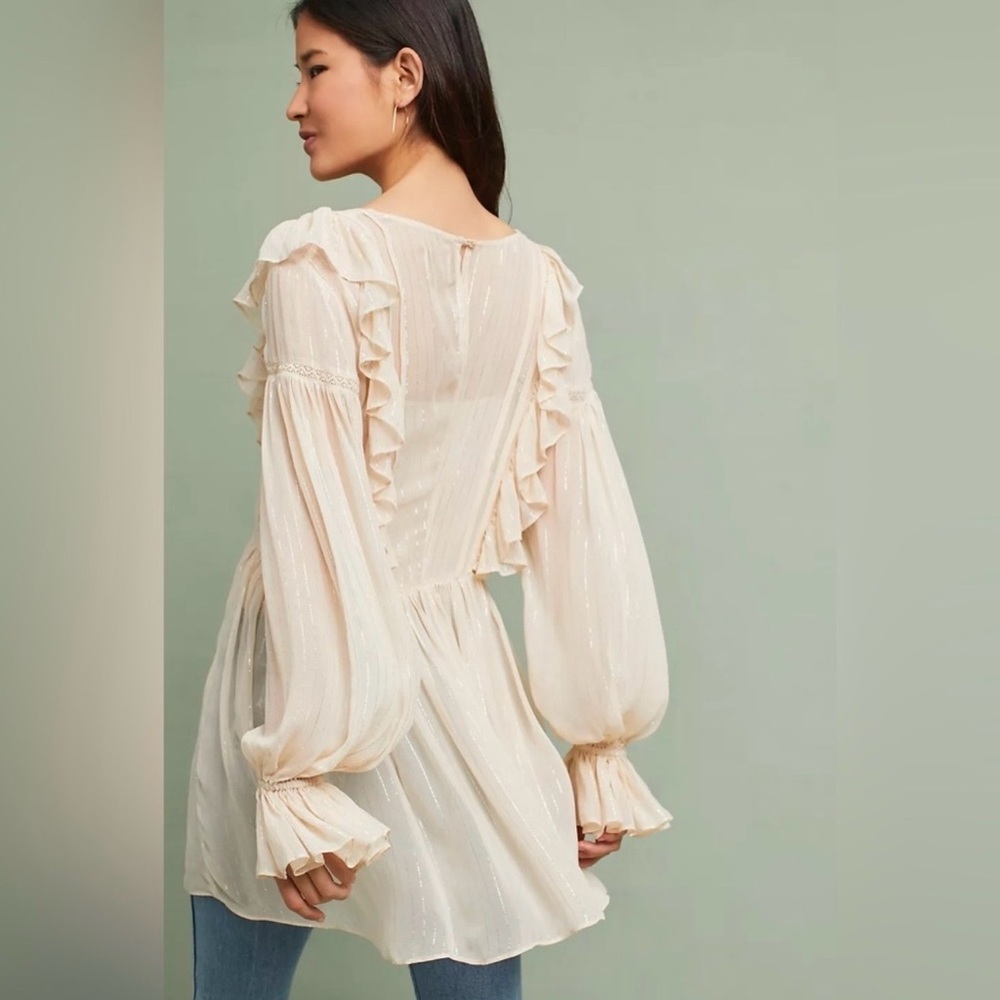 Anthropologie Maeve Wynn Metallic Striped 12 Flowy Tunic Top Boho Peasant beach